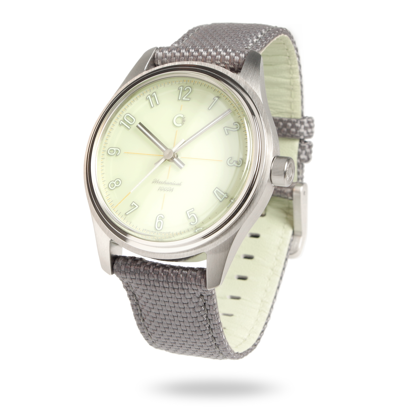 Swiss Made mechanical watch with 39mm light green enamel lacquer dial for men and women designed by Camp Watches in Los Angeles.