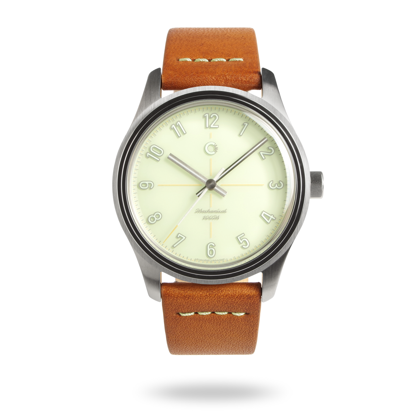 Swiss Made mechanical watch with 39mm light green enamel lacquer dial for men and women designed by Camp Watches in Los Angeles.